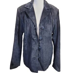 Green Fields Blue Suede Leather Jacket Womens Medium Collared Minimalist Classic
